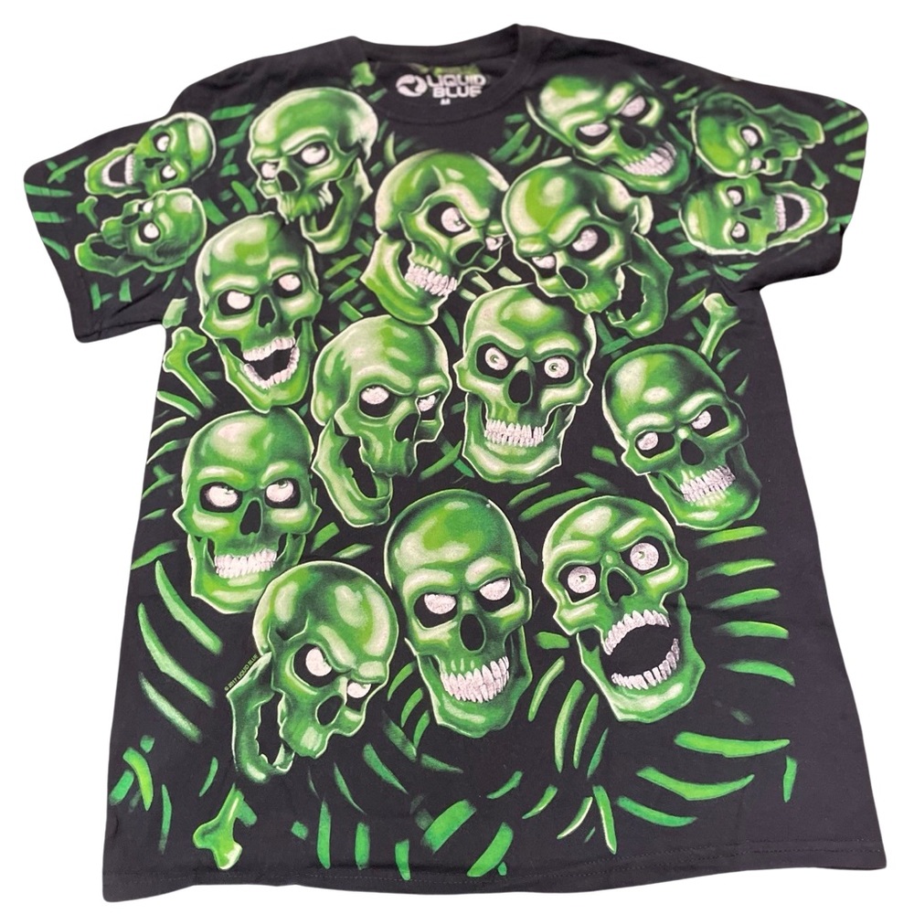 Liquid blue skull pile tee